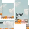 7468 - Jesus Is Social Graphics Colorful circular patterns with clouds above, featuring "JESUS IS..." text, symbolizing faith and community.