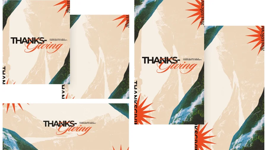 "Bold 'ThanksGiving' message with natural elements, emphasizing gratitude, community, and faith in vibrant design."