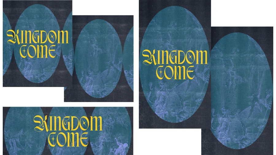 "Stylized text 'Kingdom Come' over abstract blue circles, evoking themes of worship, faith, and community."