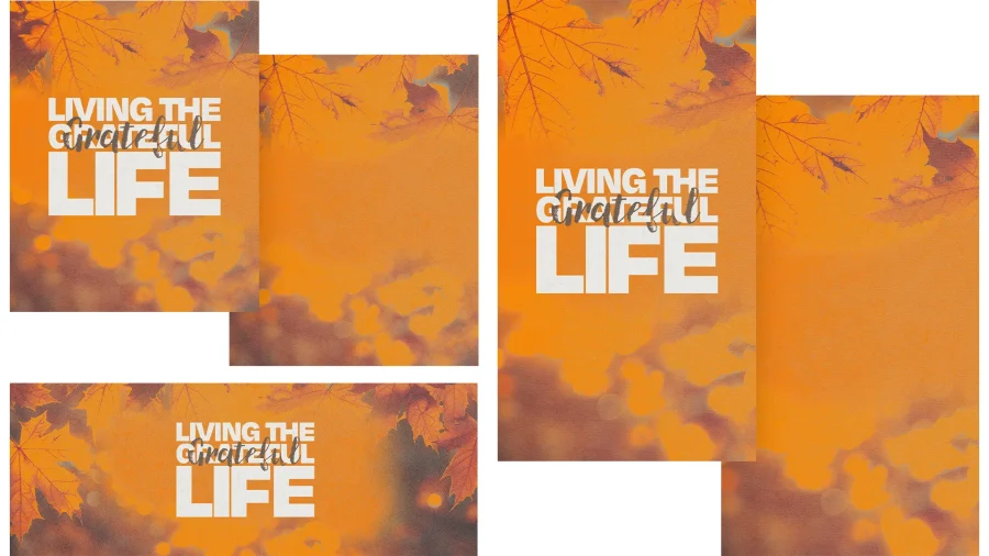 7477 - Living The Grateful Life Social Graphics Warm orange background with autumn leaves, featuring the text "Living the Grateful Life" in bold, inviting font.