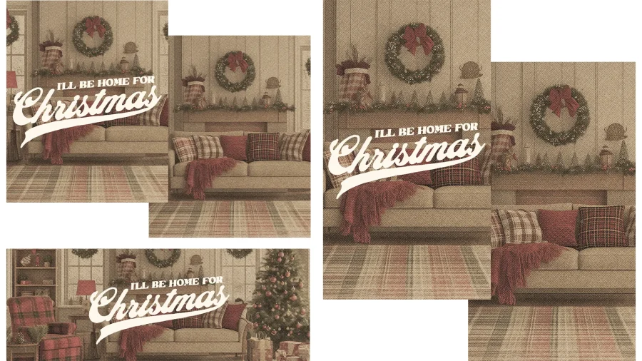 Cozy living room adorned for Christmas, featuring wreaths, a tree, and the phrase "I'll be home for Christmas."