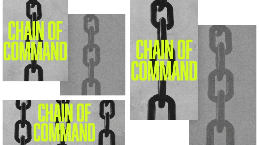 7490 - Chain Of Command Social Graphics Bold text "CHAIN OF COMMAND" overlays interlocking chains, symbolizing unity, strength, and spiritual connections in faith.