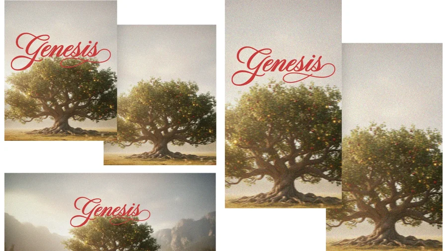 Flourishing tree with vibrant fruit and the word "Genesis," symbolizing growth, faith, and biblical beginnings.