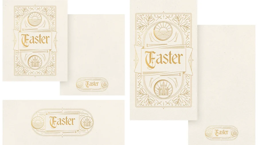 Elegant Easter cards featuring gold lettering and biblical symbols, celebrating faith and community during the season.