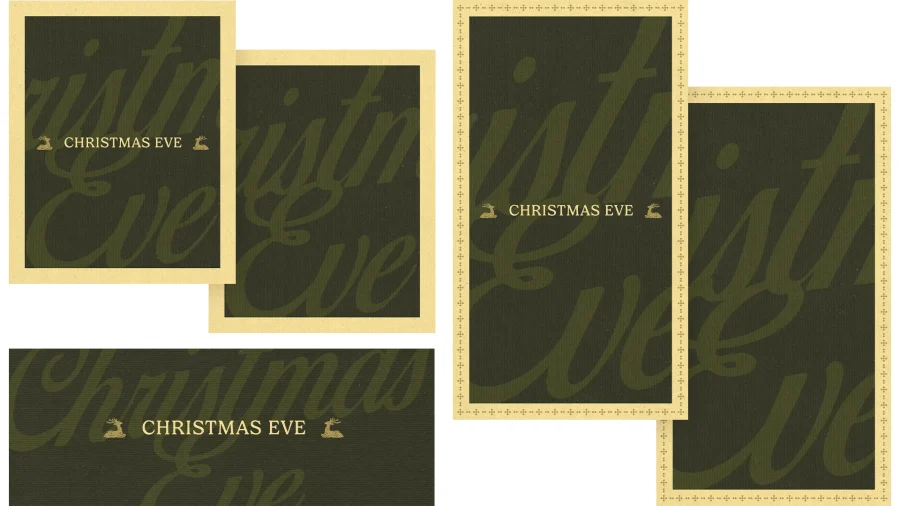 Elegant Christmas Eve invitation in dark green and gold, featuring festive typography and a reindeer motif.