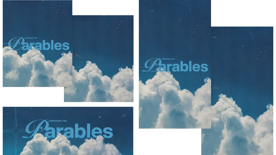 Exploring the parables against a backdrop of blue skies and fluffy clouds, symbolizing faith and divine teachings.