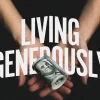 7529 Living Generously HD Title Slide Hands open with a rolled hundred-dollar bill, emphasizing the theme of living generously in faith and community.