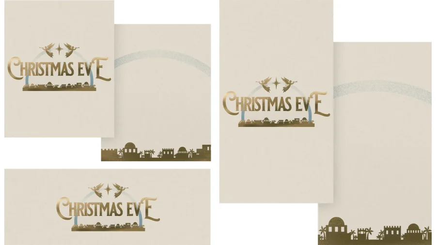 Gold text "Christmas Eve" with angels and a star, framed by a silhouette of a nativity scene and a soft blue arch.