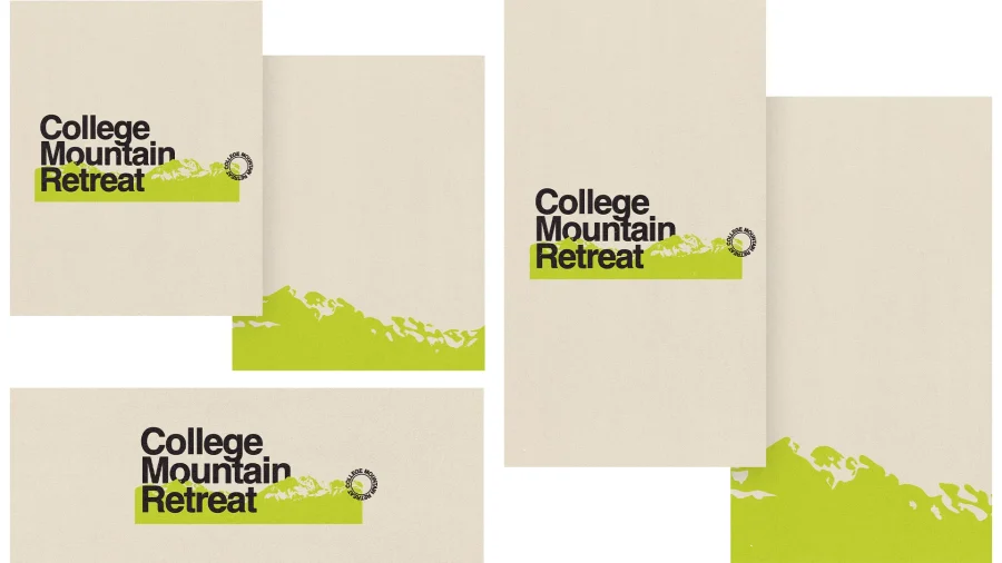 College Mountain Retreat materials feature vibrant green graphics, inviting community and spiritual growth in nature.