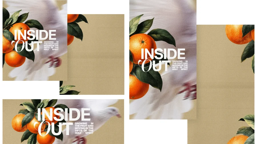 "Oranges and a dove symbolize spiritual growth and the gifts of the Holy Spirit, themed 'Inside Out' for church community."