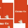 7597 - Christmas Eve Social Graphics "Christmas Eve in bold white text, featuring silhouettes of Mary and Joseph on horseback against a vibrant orange background."