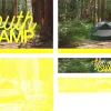 7599 - Youth Camp Screen Graphics Youth camp in a serene forest, featuring a tent surrounded by trees, symbolizing community and spiritual growth.