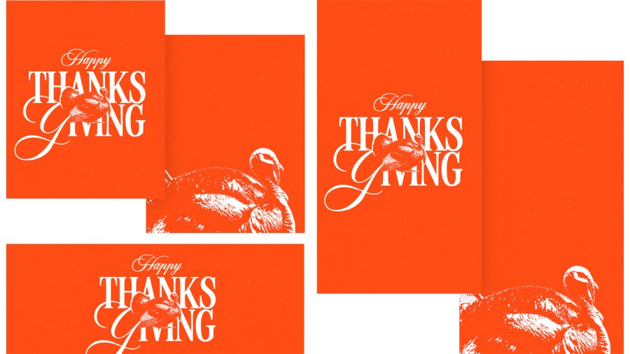 7610 - Happy Thanksgiving Social Graphics Bold orange cards with "Happy Thanksgiving" and turkey imagery, celebrating gratitude and community fellowship.