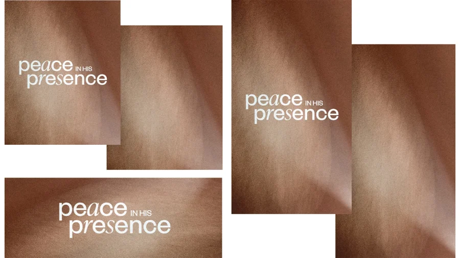 "Warm, textured background featuring the phrase 'peace in His presence' emphasizing faith and spiritual tranquility."