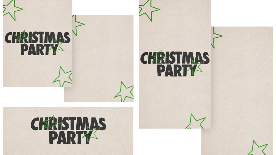 Bold text reads "CHRISTMAS PARTY" with green stars on a light background, inviting community celebration and joy.