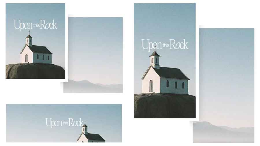 7628 - Upon this Rock Social Graphics White church perched on a rock, surrounded by soft hills and a tranquil sky, symbolizing faith and stability.