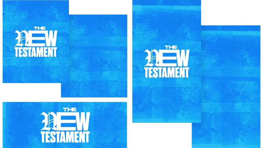 7677 the new testament social graphics Bold text reads "THE NEW TESTAMENT" over a textured blue background, symbolizing faith and scripture.