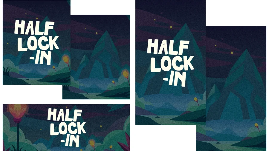 7680 half lock in social graphics Bold text "HALF LOCK-IN" against a serene, colorful landscape, symbolizing community and fellowship in faith.