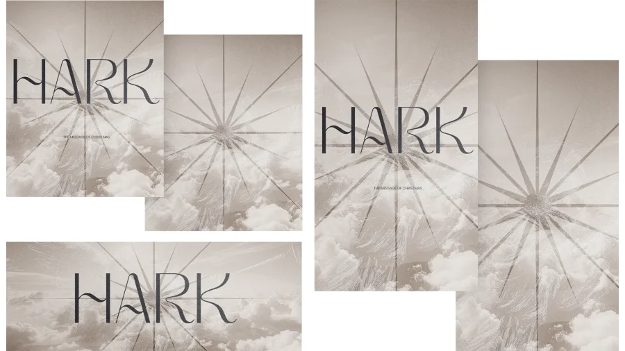 "HARK" in bold letters over a radiant starburst, symbolizing the message of Christmas and spiritual awakening.