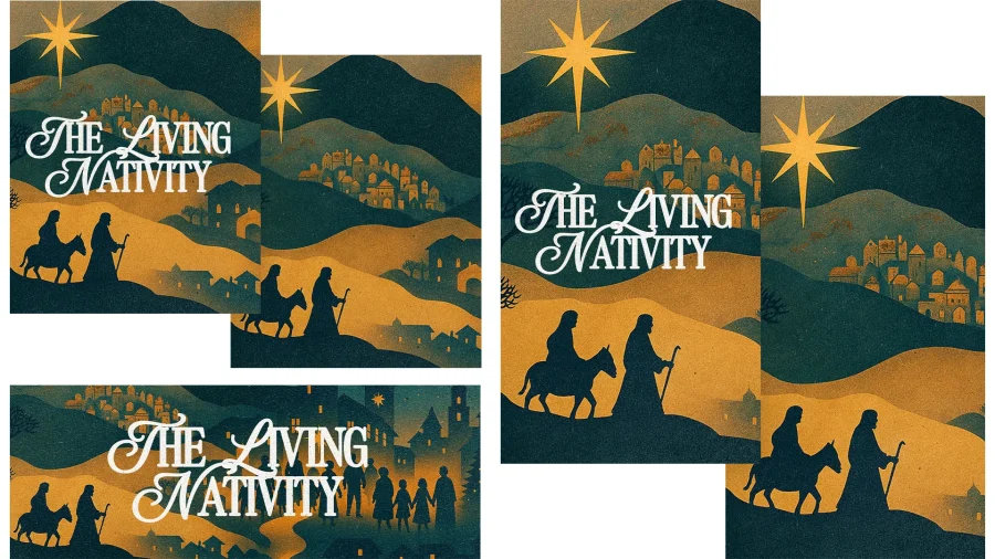 7686 the living nativity social graphics Silhouettes of the Holy Family journeying under a bright star, symbolizing faith and the Nativity story.