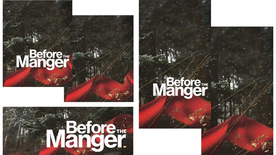 7689 before the manger social graphics Red fabric drapes gracefully in a forest, adorned with golden accents, highlighting the theme "Before the Manger."