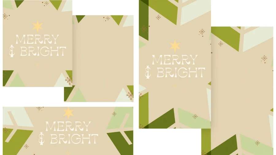 Merry and Bright text with star and cross accents, surrounded by green and beige geometric patterns, celebrating faith and community.