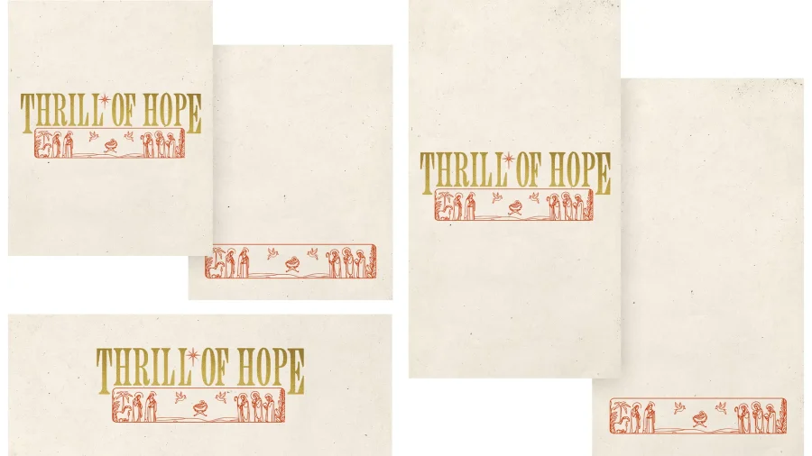 "Thrill of Hope" in bold gold, with illustrated figures and birds, symbolizing faith, community, and spiritual joy.