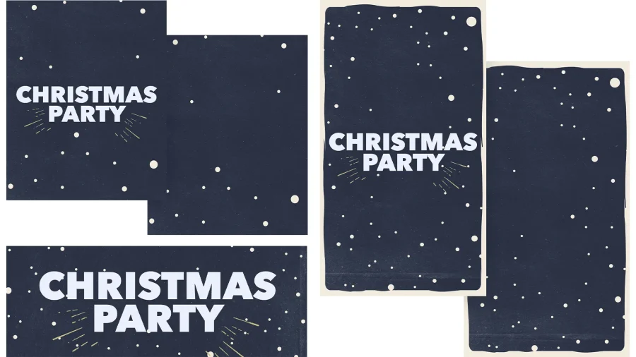 7700 christmas party social graphics "Festive dark blue background with white snowflakes, boldly displaying 'Christmas Party' for church community celebration."