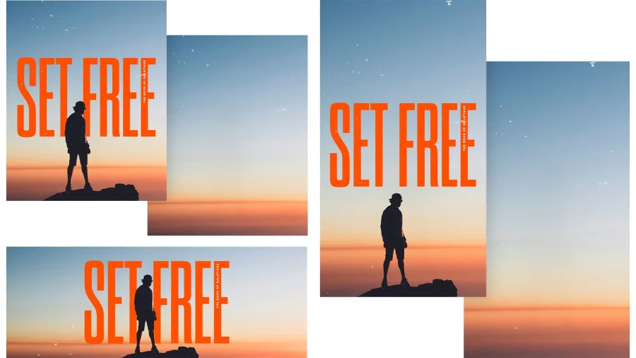Silhouette of a person on a rock at sunset with text "Set Free" and "The Book of Galatians," symbolizing faith and freedom.