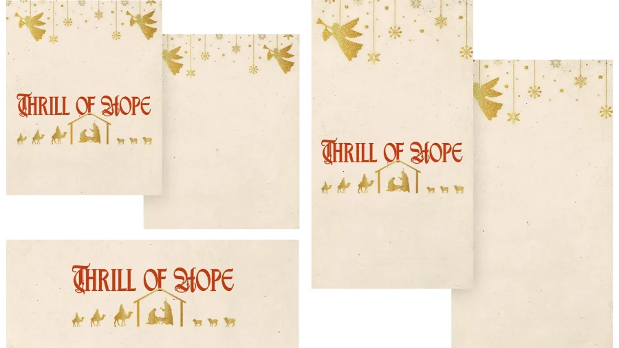 7712 thrill of hope social graphics "Thrill of Hope" text with nativity scene, gold angels, and snowflakes, symbolizing joy and faith during the Christmas season.