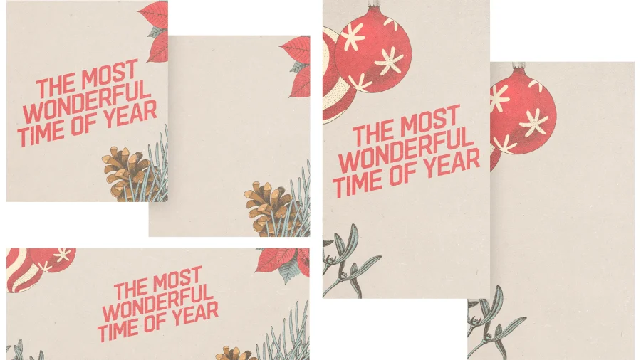 7728 the most wonderful time of year social graphics "Festive graphics featuring pinecones, leaves, and ornaments with the phrase 'The Most Wonderful Time of Year'."