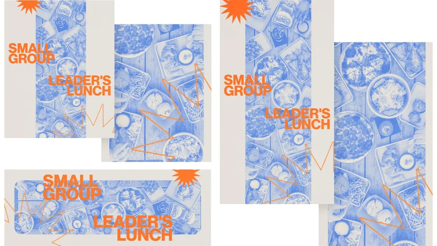 Small group leader's lunch invitation featuring vibrant food imagery, promoting fellowship and community in faith.