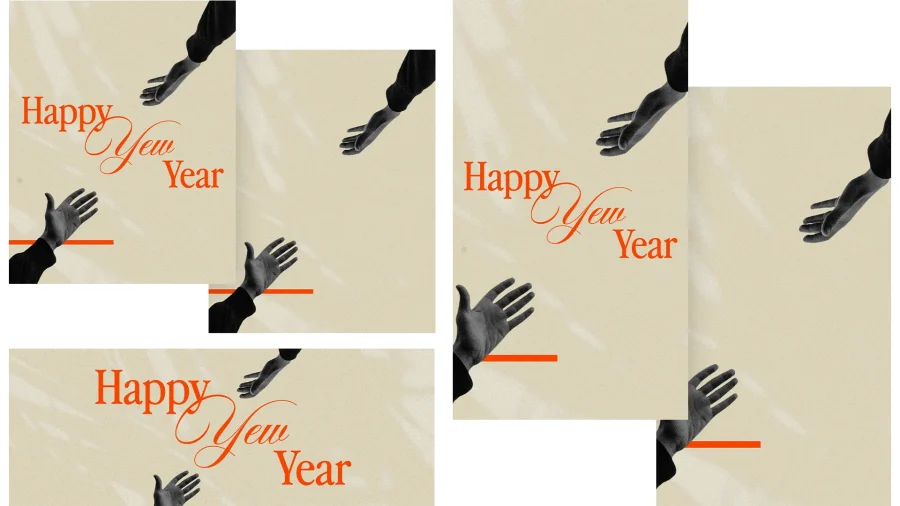 7733 happy new year social graphics Hands reaching out with "Happy New Year" text, symbolizing community, faith, and new beginnings in worship.
