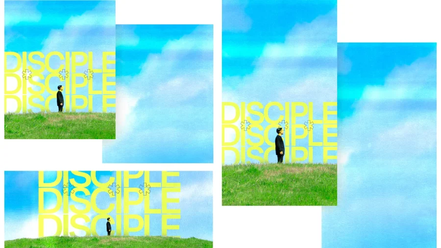 disciple A person stands in a grassy field under a blue sky, surrounded by the word "DISCIPLE" in bright yellow, symbolizing faith and community.