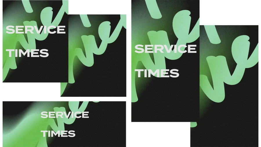 Bold text announces "Service Times" against a dark background with vibrant green accents, inviting community participation.