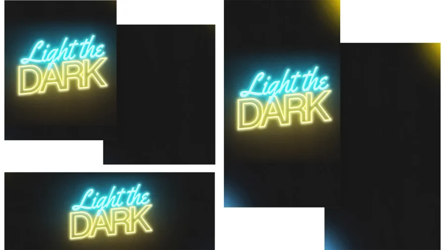 7753 light in the dark social graphics Neon sign reads "Light the DARK," symbolizing hope and faith overcoming darkness in the community.