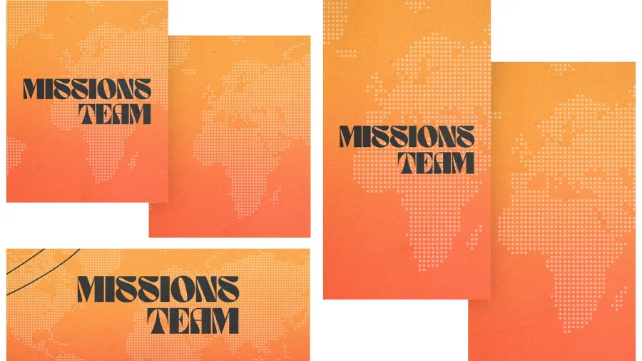 7755 missions team social graphics Bold text reads "MISSIONS TEAM" over a warm gradient with a dotted world map, symbolizing global outreach and service.
