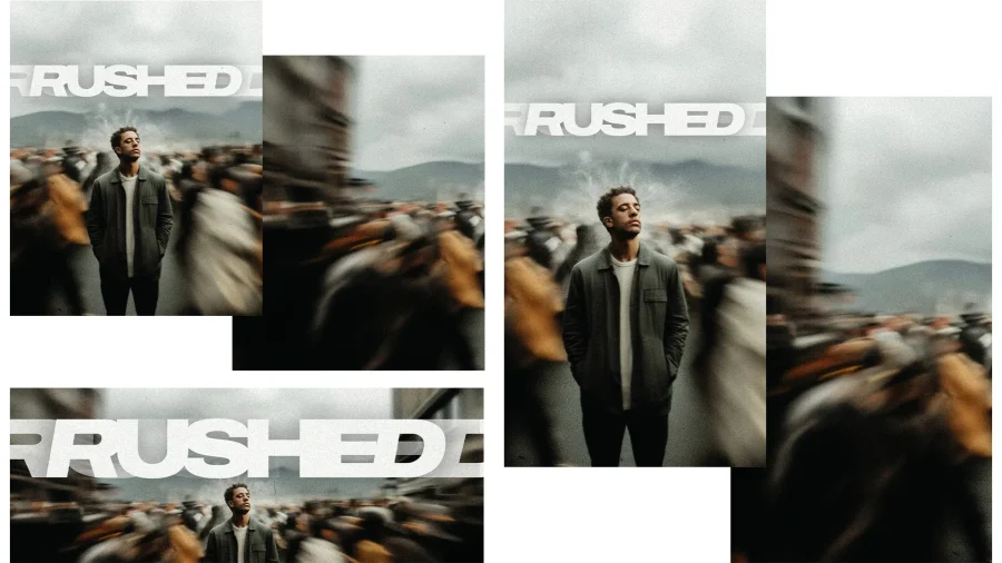 7756 rushed social graphics A contemplative figure stands amidst a blurred crowd, symbolizing faith and resilience in a chaotic world.
