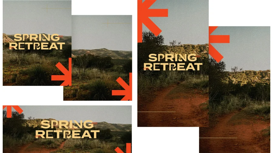 Spring retreat announcement with nature backdrop, emphasizing community, faith, and spiritual growth.