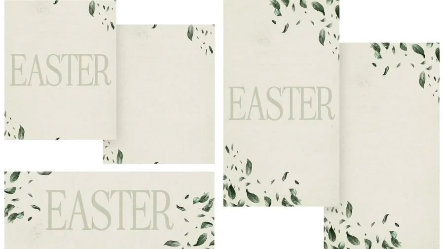 Easter themed design featuring soft leaves and the word "EASTER" in an elegant font, symbolizing renewal and faith.