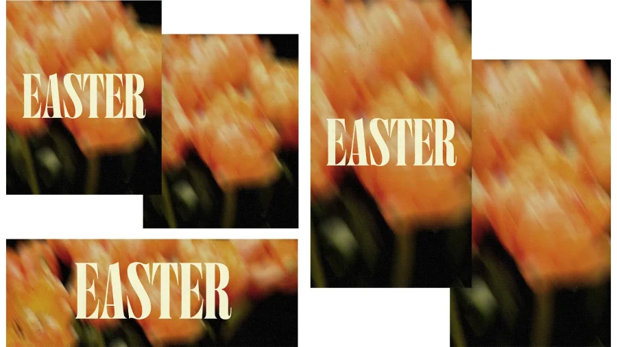 Easter celebration with vibrant flowers and bold text, symbolizing renewal and community in faith.