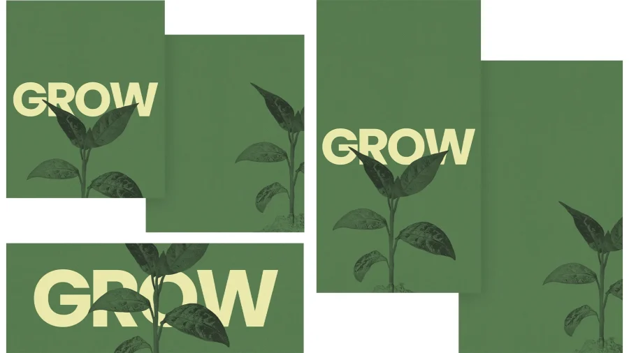 Green backgrounds feature the word "GROW" alongside illustrations of young plants, symbolizing spiritual growth and community.