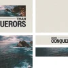 7769 more than conquerors screen graphics "Bold text 'More Than Conquerors' over serene ocean landscape, symbolizing faith, strength, and community in worship."