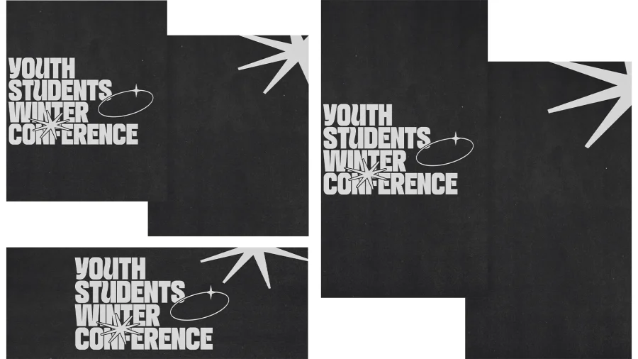 7781 winter conference social graphics Youth Students Winter Conference announcement with bold text and starburst design, promoting community and faith engagement.