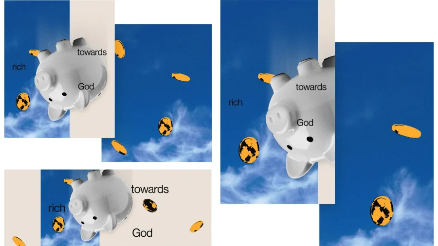 7788 rich towards god social graphics Piggy bank with coins floating, symbolizing generosity and faith in God’s provision. Themes of stewardship and community support.