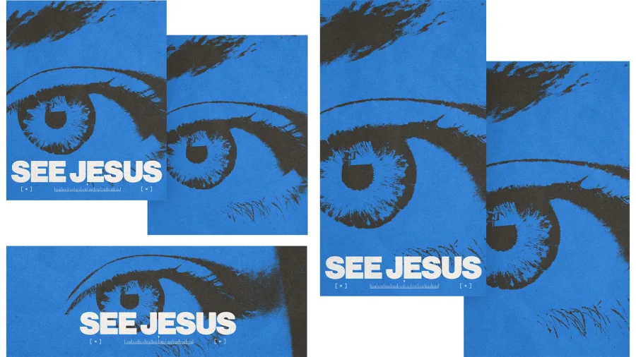 7794 see jesus social graphics Blue background with bold text "SEE JESUS" and artistic eye illustrations, symbolizing faith and spiritual vision.