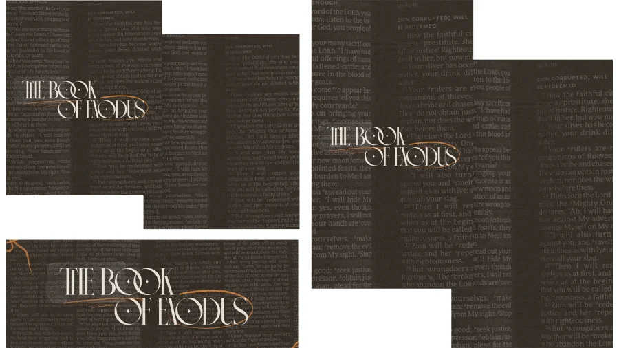 "The Book of Exodus" highlighted with biblical text, symbolizing faith, justice, and community in worship.