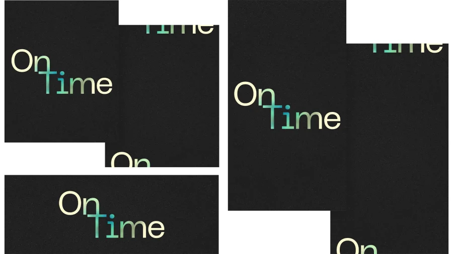 "Bold text 'On Time' emphasizes faithfulness and divine timing against a dark background, inviting reflection and community."