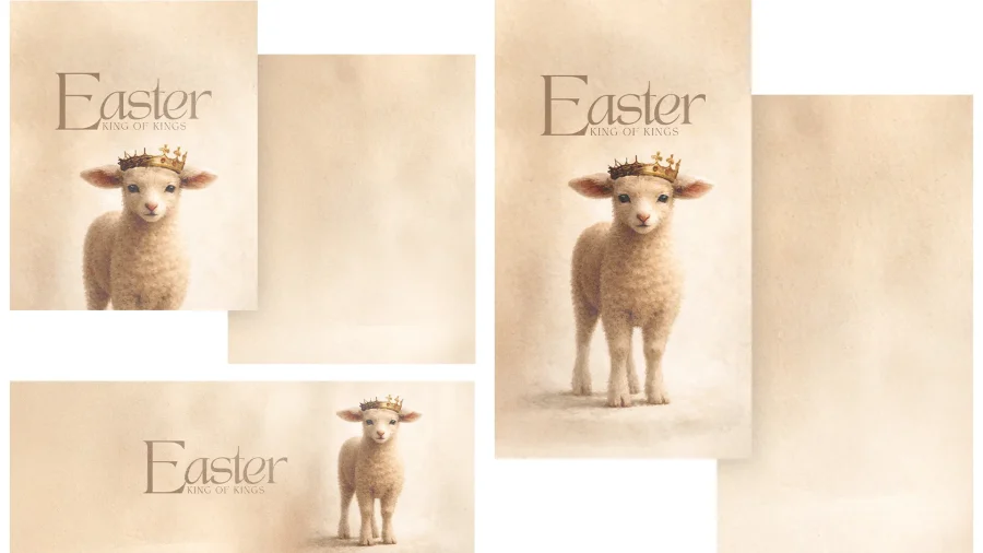 7838 easter social graphics Easter theme featuring a crowned lamb, symbolizing Jesus as the King of Kings, with a soft, neutral background.