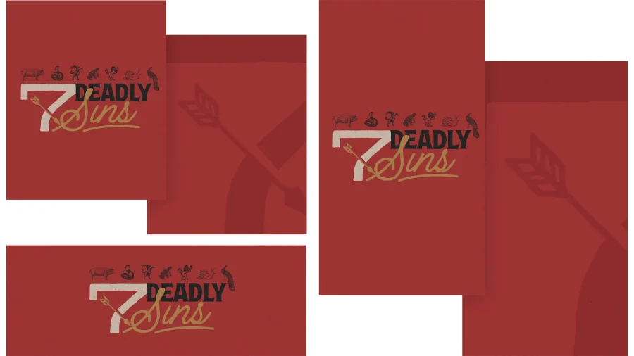 7842 7 deadly sins social graphics "Red backdrop featuring '7 Deadly Sins' text with symbolic illustrations, inviting reflection on faith and morality."